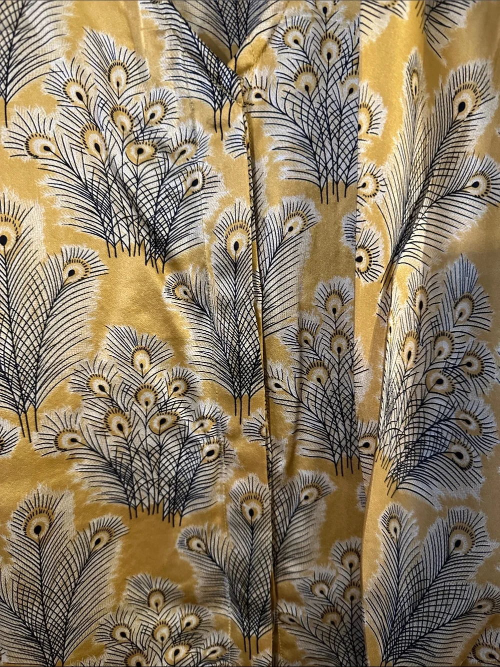 Free People Gold Black Silk Peacock Feather Pattern Attached Neck Scarf Blouse 8